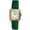 Women 36mm Tank shape watch with silver trim and a gold bezel. White face with roman numerals and a Green leather strap