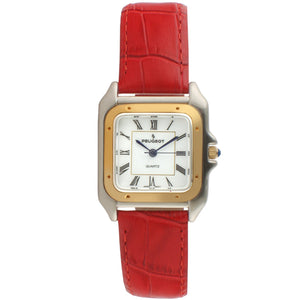 Women 36mm Tank shape watch with silver trim and a gold bezel. White face with roman numerals and a Red leather strap