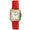 Women 36mm Tank shape watch with silver trim and a gold bezel. White face with roman numerals and a Red leather strap