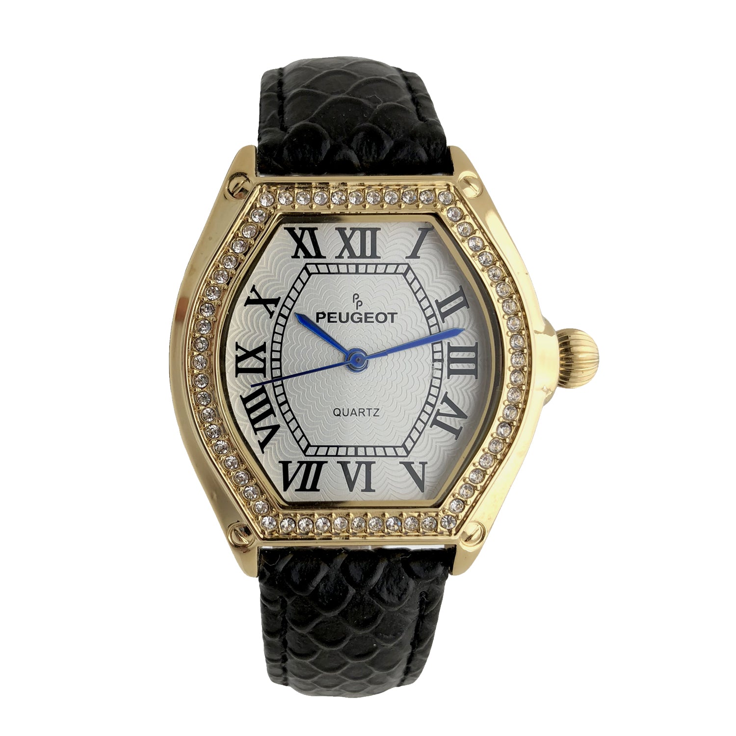 Peugeot Women's 14K Gold Plated Watch - Barrel Shaped Crystal Studded Bezel and Leather Wrist Strap