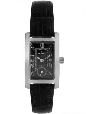 woman 20mm x 35mm tank shape watch with Silver trim, Black face and Black leather strap