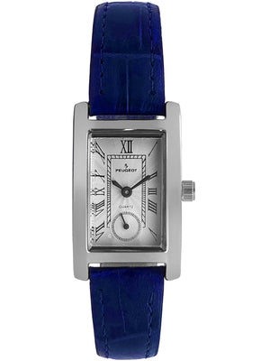 woman 20mm x 35mm tank shape watch with Silver trim, Silver face and Blue leather strap