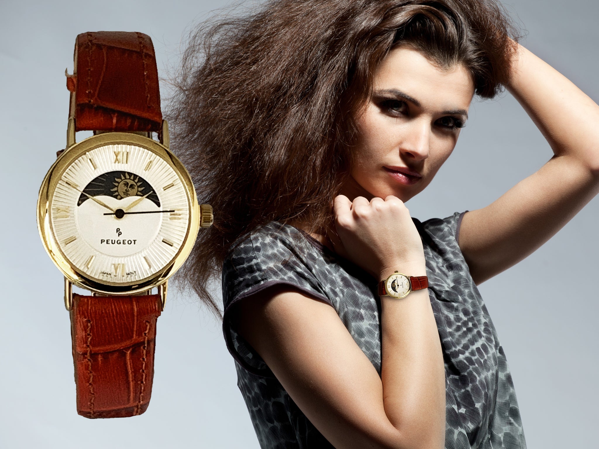 Women's 26mm Sun-Moon Phase Gold Watch with Brown Leather Strap