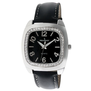 Woman 42mm Square face watch with A Crystal bezel and silver trim. Black face with silver numbers and a Back leather band