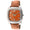 Woman 42mm Square face watch with A Crystal bezel and silver trim. Orange face with silver numbers and a Orange leather band