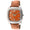 Woman 42mm Square face watch with A Crystal bezel and silver trim. Orange face with silver numbers and a Orange leather band