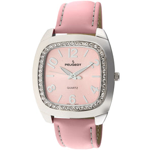 Woman 42mm Square face watch with A Crystal bezel and silver trim. Pink face with silver numbers and a Pink leather band
