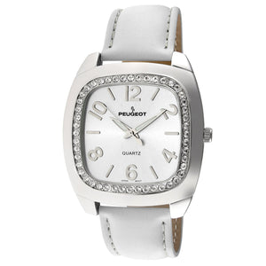 Woman 42mm Square face watch with A Crystal bezel and silver trim. White face with silver numbers and a white leather band