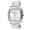 Woman 42mm Square face watch with A Crystal bezel and silver trim. White face with silver numbers and a white leather band