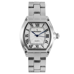 Woman 33x36mm barrel shaped watch, stainless steel, with cream textured dial, roman numerals.