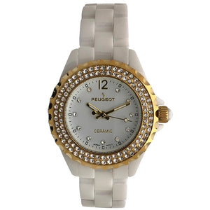 Women's 36mm White Ceramic Watch with Gold Crystal Bezel