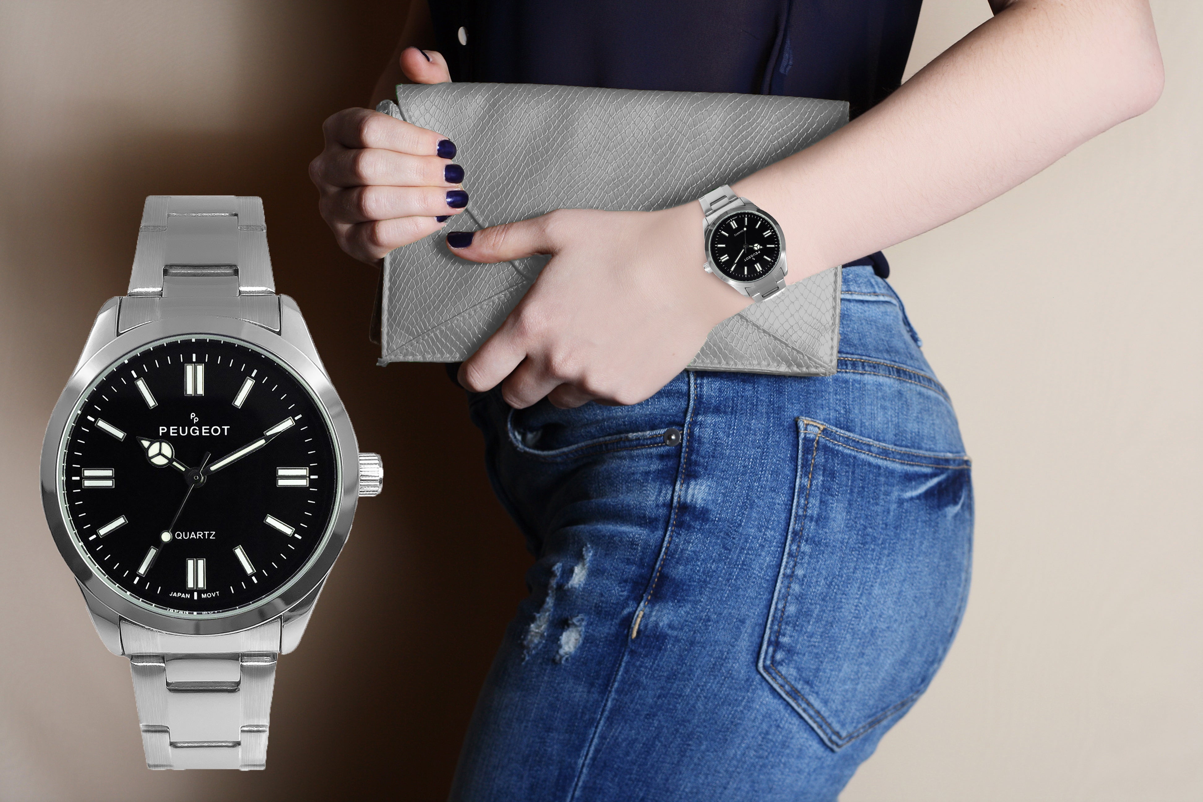 Women's 36mm Sport Watch with Black Dial and Stainless Steel Bracelet