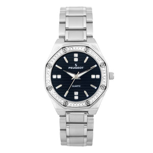 women 32mm  silver tone hex shape watch with crystals on bezel with black face stainless steel bracelet