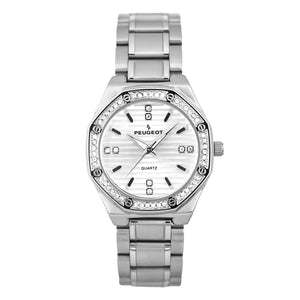 women 32mm  silver tone hex shape watch with crystals on bezel with silver face stainless steel bracelet
