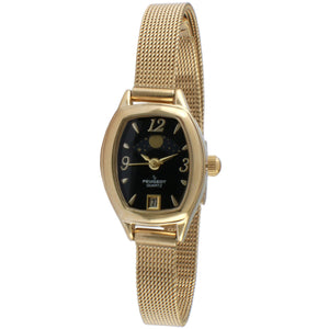 women 30x20mm gold plated sun and moon phase watch with black face and gold plated mesh strap and date