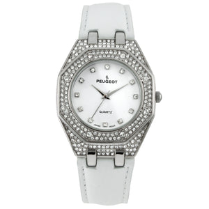 Women's 37mm White Watch with Crystal Bezel Leather Band
