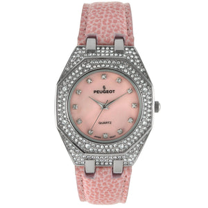 Women 37mm Boyfriend watch with silver trim and crystal bezel and crystal hour markers on a pink face paired with a Pink  leather band