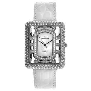 Women's Couture Crystal Silver Watch Tank shape with White Leather Strap